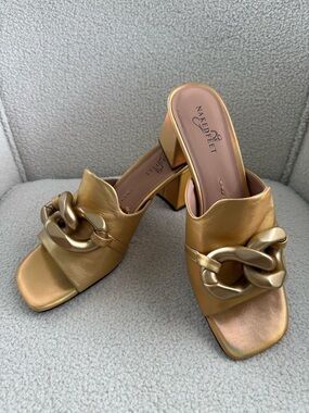 Naked Feet Metallic Gold Chain-Detail Block Heel Mules